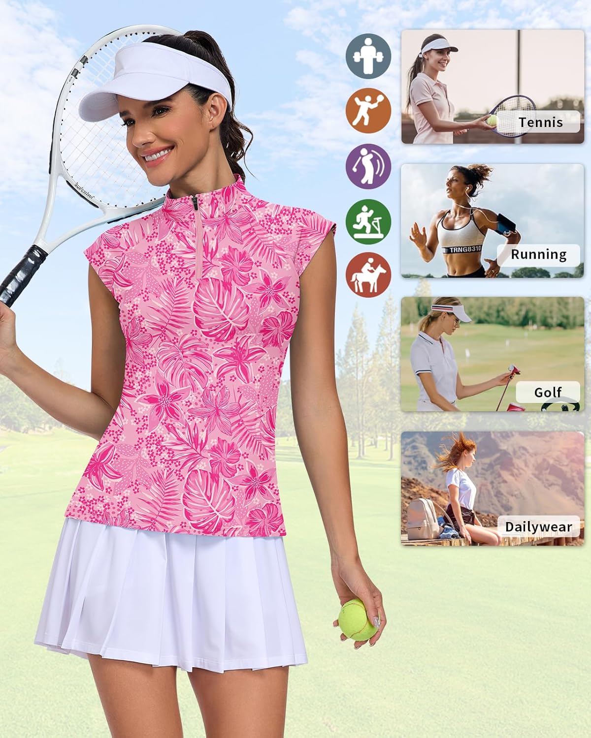 WOWENY Womens Golf Shirts Cap Sleeve Polo Quick Dry Tennis Tops Pickleball Outfits Quarter Zip