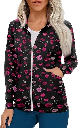 Scrub Jackets for Woman Zip Up Long Sleeve Tops Print Plus Size Womens Scrubs for Women Nursing Shirts with Pockets