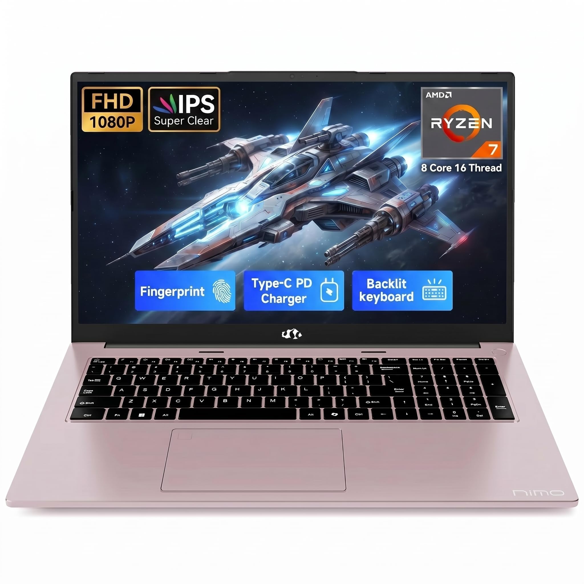 NIMO 17.3" Gaming Laptop, AMD Ryzen 7 7735HS (8C/16T, Up to 4.75GHz), 32GB DDR5 RAM, 2TB PCIe 4.0 SSD, 100W PD Fast Charging, FHD Display, Backlit KB, Fingerprint, SD Card Reader, Windows 11
