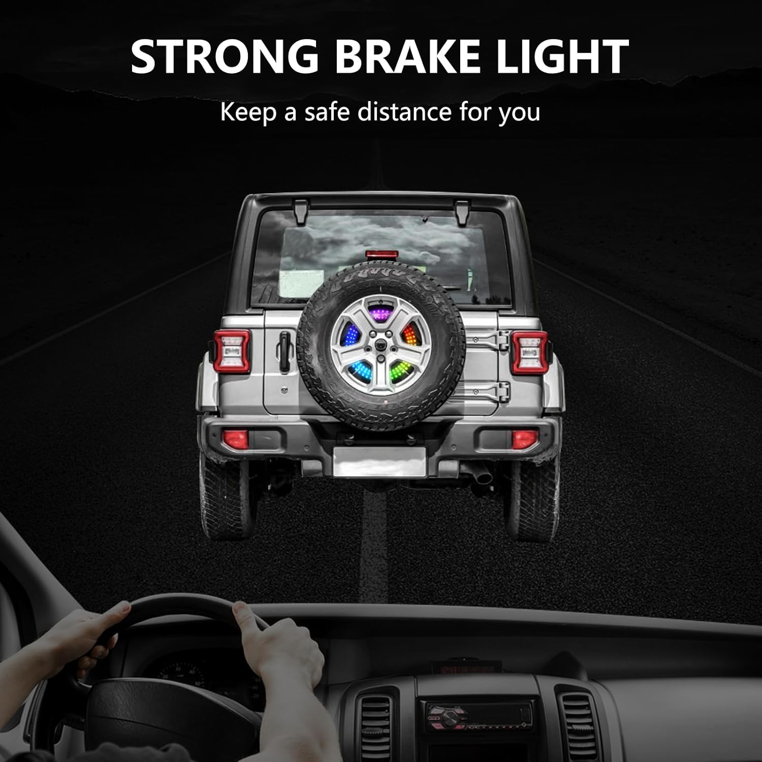 RGB Spare Tire Brake Light for Wrangler JL JLU Accessories Third Brake Light 3-Side Wheel LED Ring Compatible With 2007-2018 Wrangler JK/JKU & 2018-2024 JL/JLU