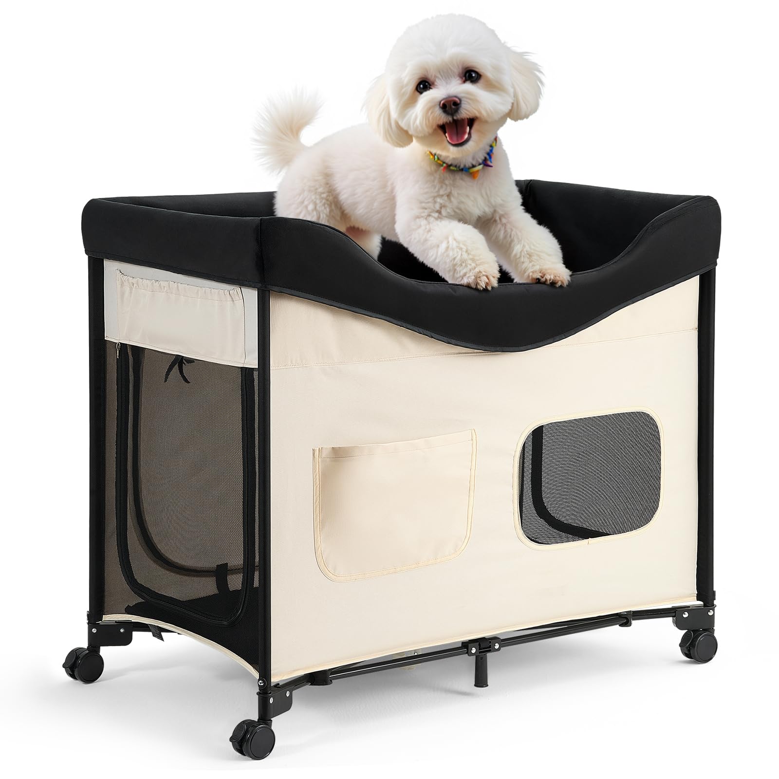 VEVOR Lit Surélevé pour Chiens Chats, Lit de Camp pour Animaux de Compagnie Pliable, Panier Chiens en Tissu Oxford 600D et Velours Hollandais, avec Roues et Pochettes Latérales, Taille XL, Beige