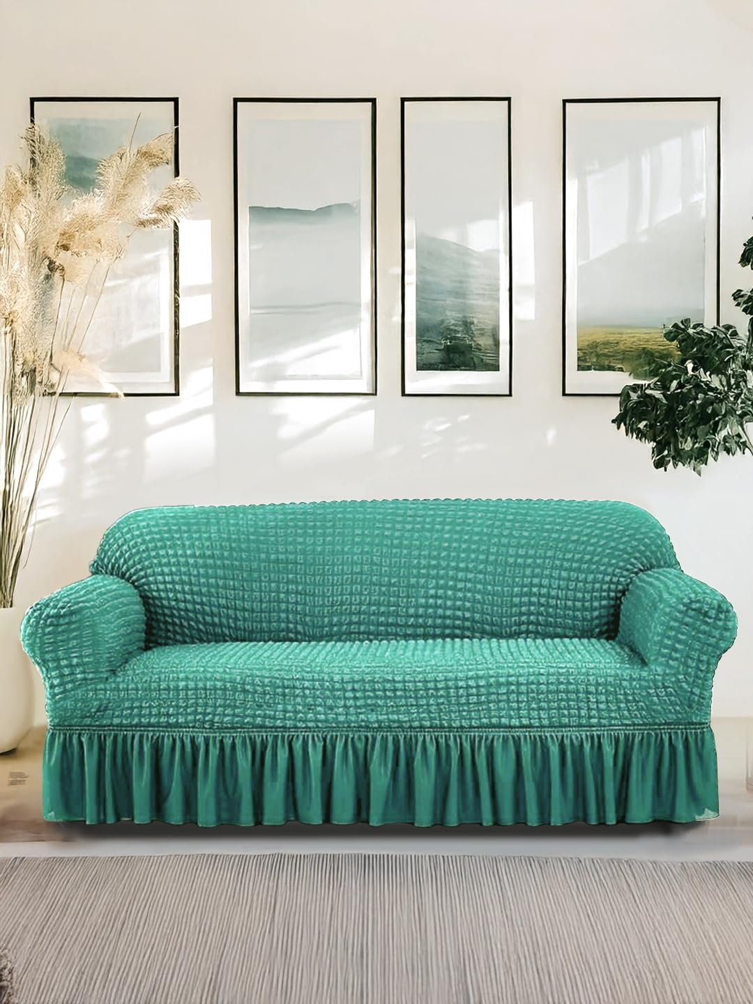 Amazon Brand – Solimo Bubble Sofa Cover with Skirt Polyester and Spandax Fabric Two Seater -Light Green
