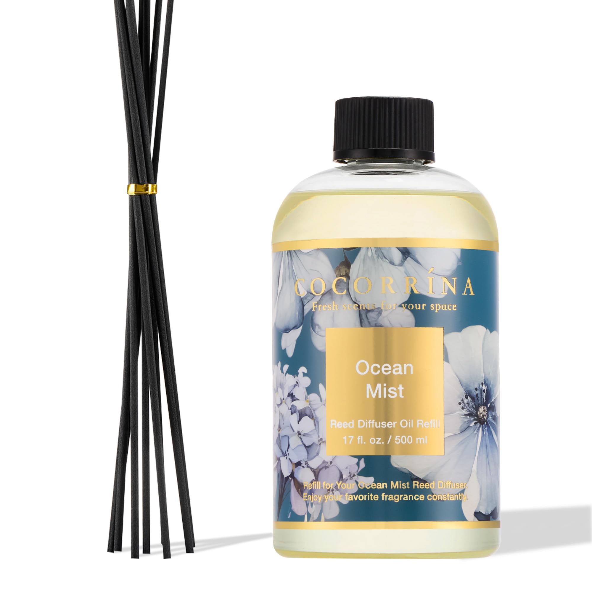 COCORRÍNA Ricarica Diffusore Ambiente 500ml con 8 Bastoncini, Ocean Mist, Profumo Lungo Durata con Oli Essenziali Naturali, Camera da Letto e Bagno