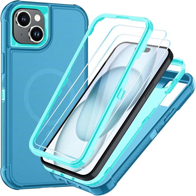 SunStory Magnetic for iPhone 15 Case with HD Screen Protector, Compatible with MagSafe, 3-Layer Heavy Duty Full-Body Cover, 3 in 1 Hybrid Protective Case for iPhone 15 6.1", LakeSkyBlue