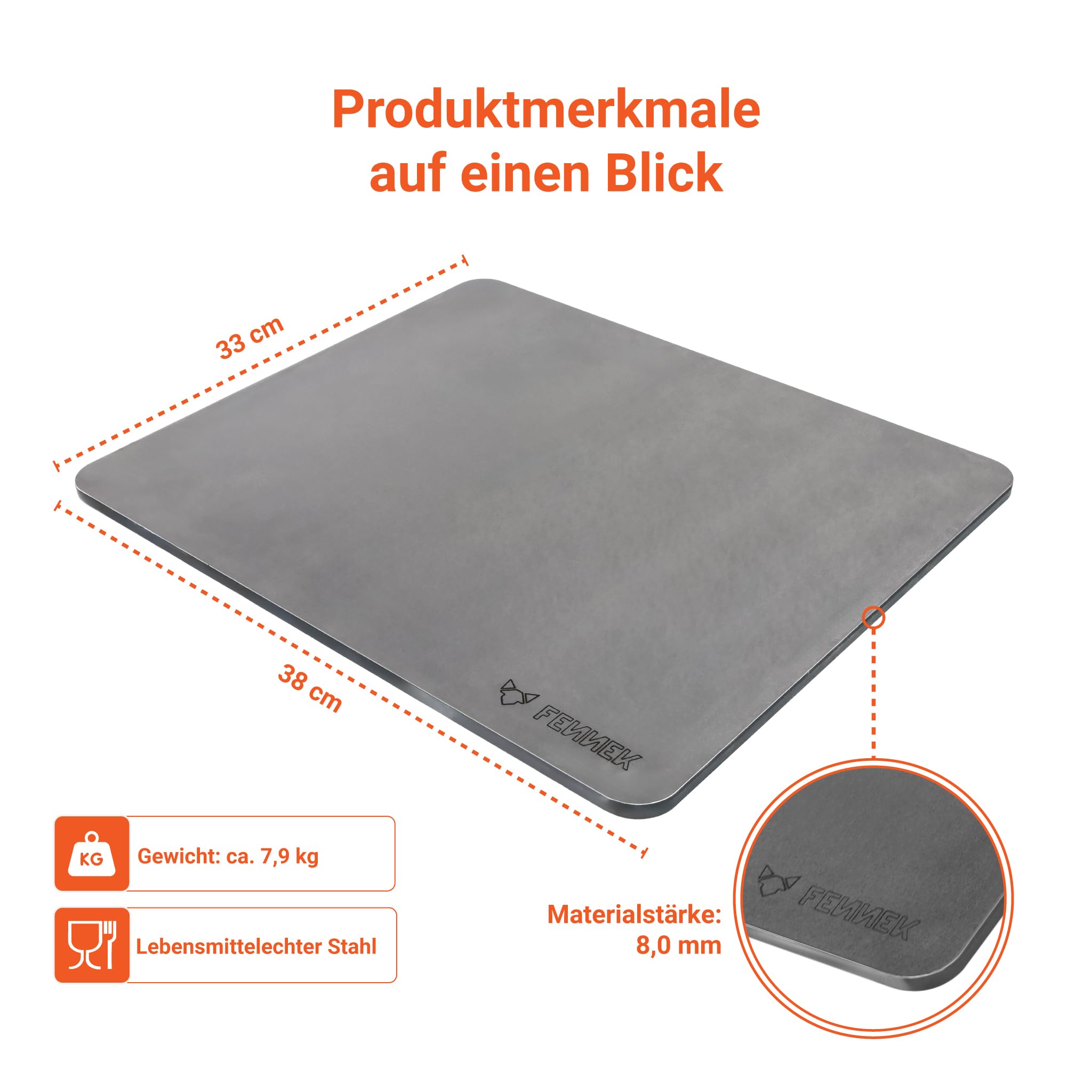 FENNEK Backstahl 38 x 33 x 0,8 cm | aus 8,0 mm starkem Feinkornstahl | Backe Pizza, Brot und vieles mehr wie ein Profi! | Made in Germany