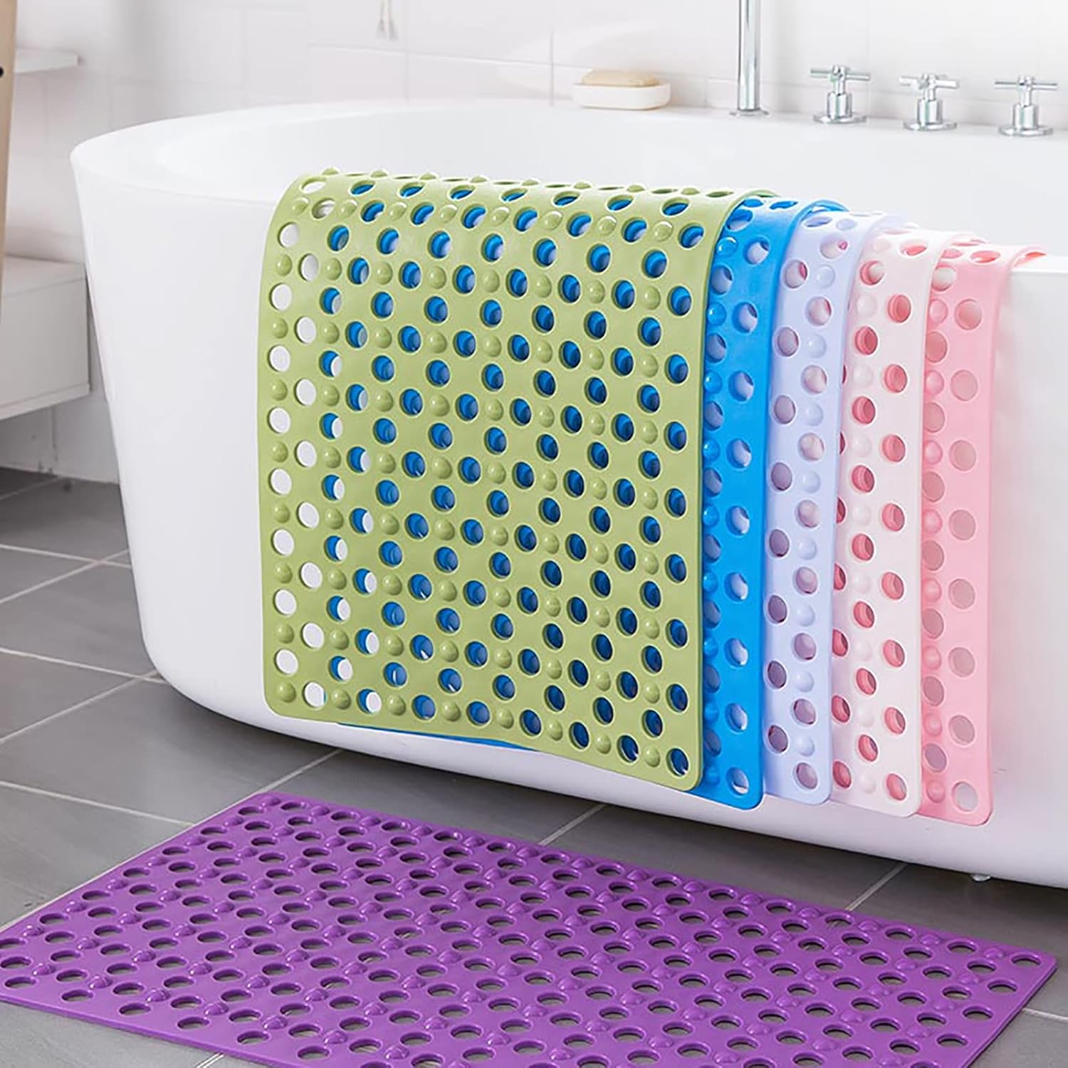 PVC Bathroom Mat,Rectangle Non Slip Shower Mat With Drain Holes And Suction Cup,Machine Washable,Thick Durable Tub Mat Comfy Massage Bathroom Mat for Shower Stall Bathtub Spa Room-Beige 40x100cm(16x39