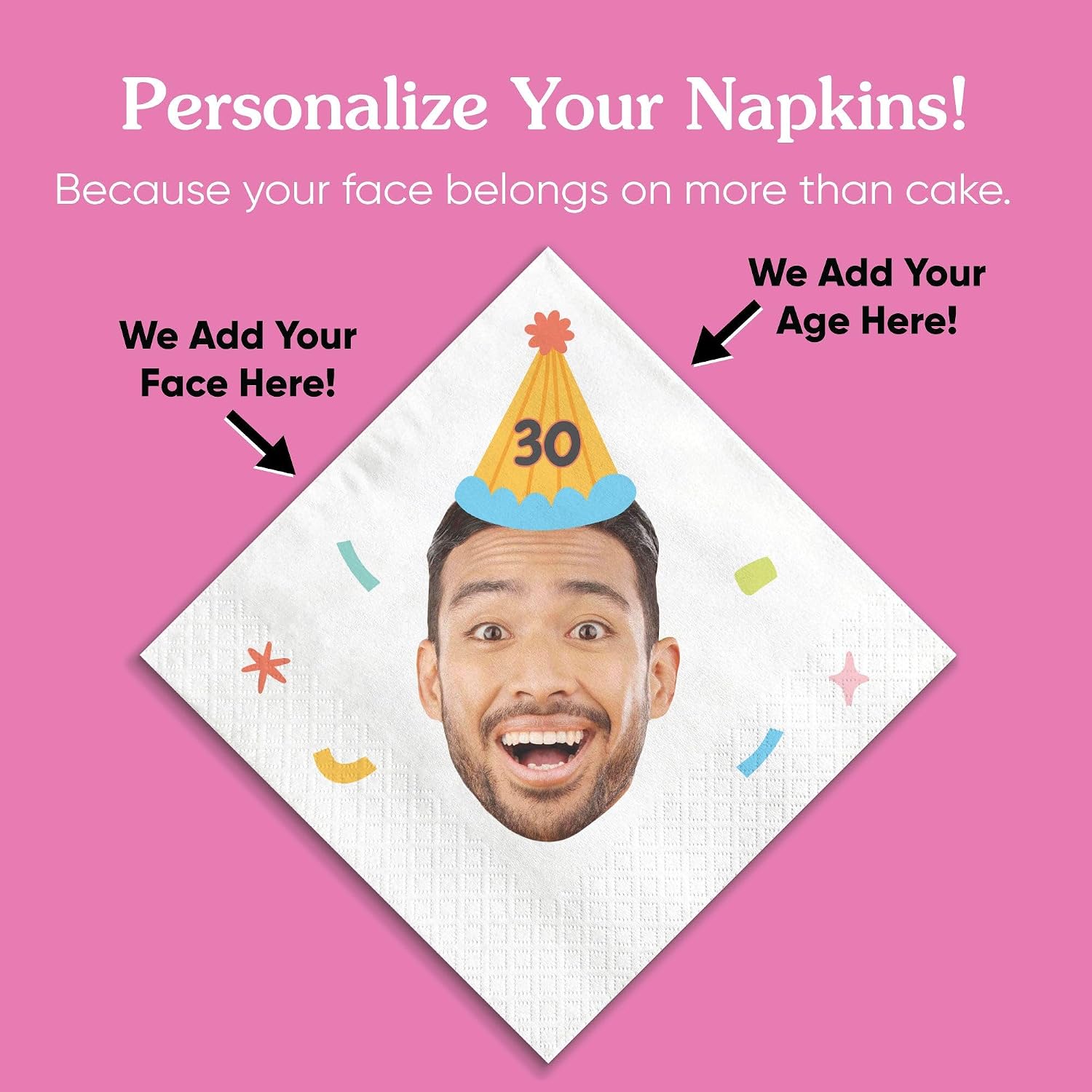 Big Dot of Happiness Custom Photo Colorful Birthday Face Party Napkins, Personalized Party Time Birthday Age Decor, White 3-Ply Paper Beverage Cocktail Napkins - 50 Count