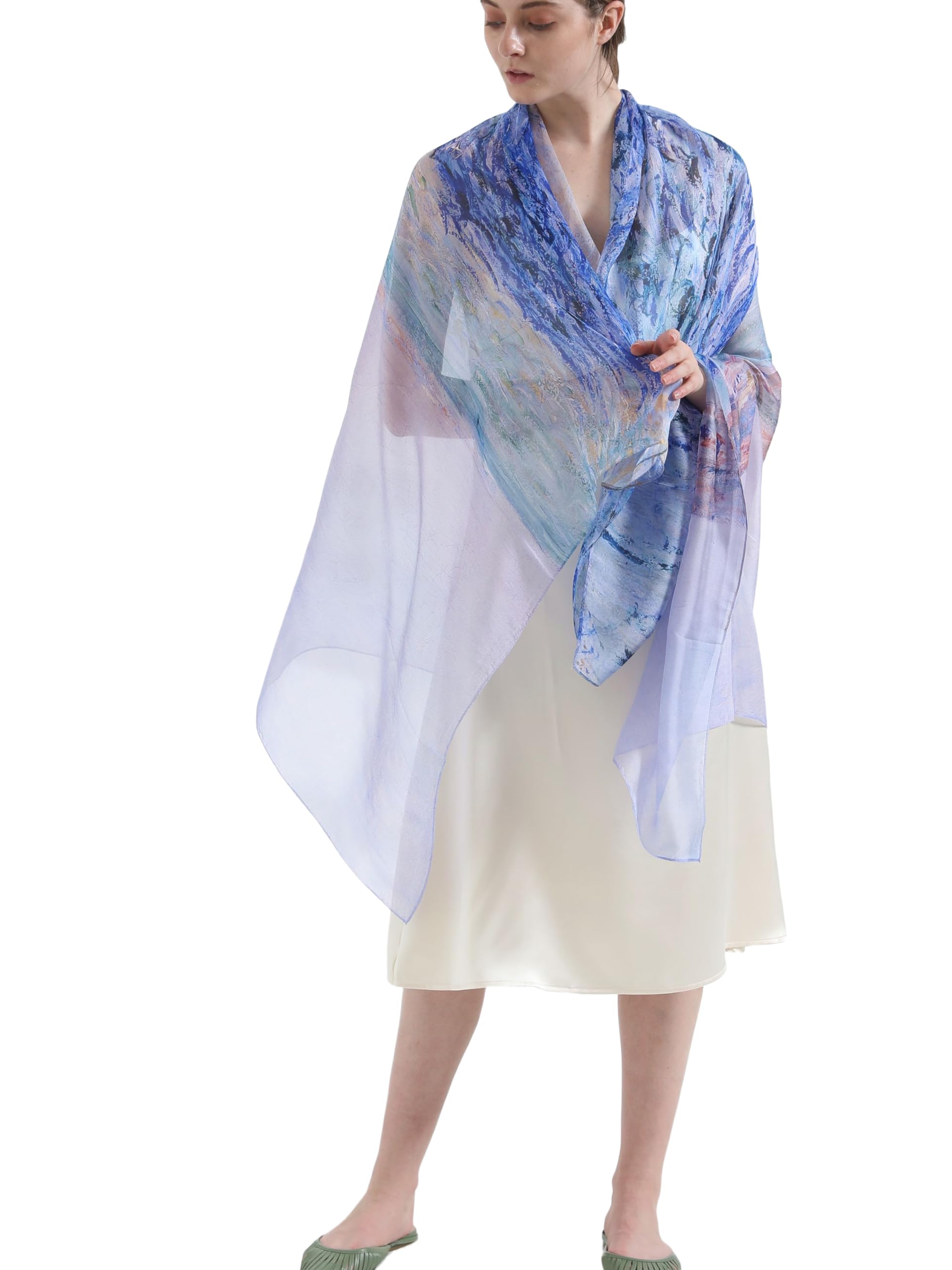 XXL silk stole summer scarf silk scarf pareo sarong silk shoulder scarf shawl blue painting print Claude Monet on the sea P037