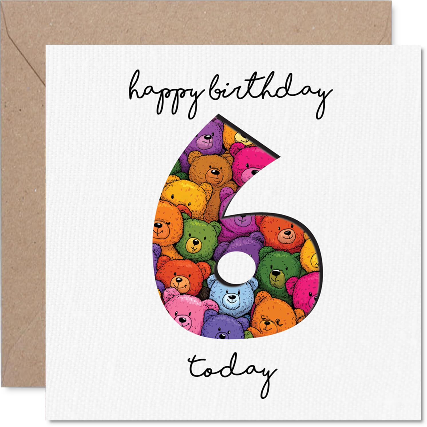 Playful 6th Birthday Card - Bursting with Bear Hugs - Colourful Number 6 Packed with Smiling Bears - Brings Birthday Cheer to Little Ones - 145mm Square, Envelope Included