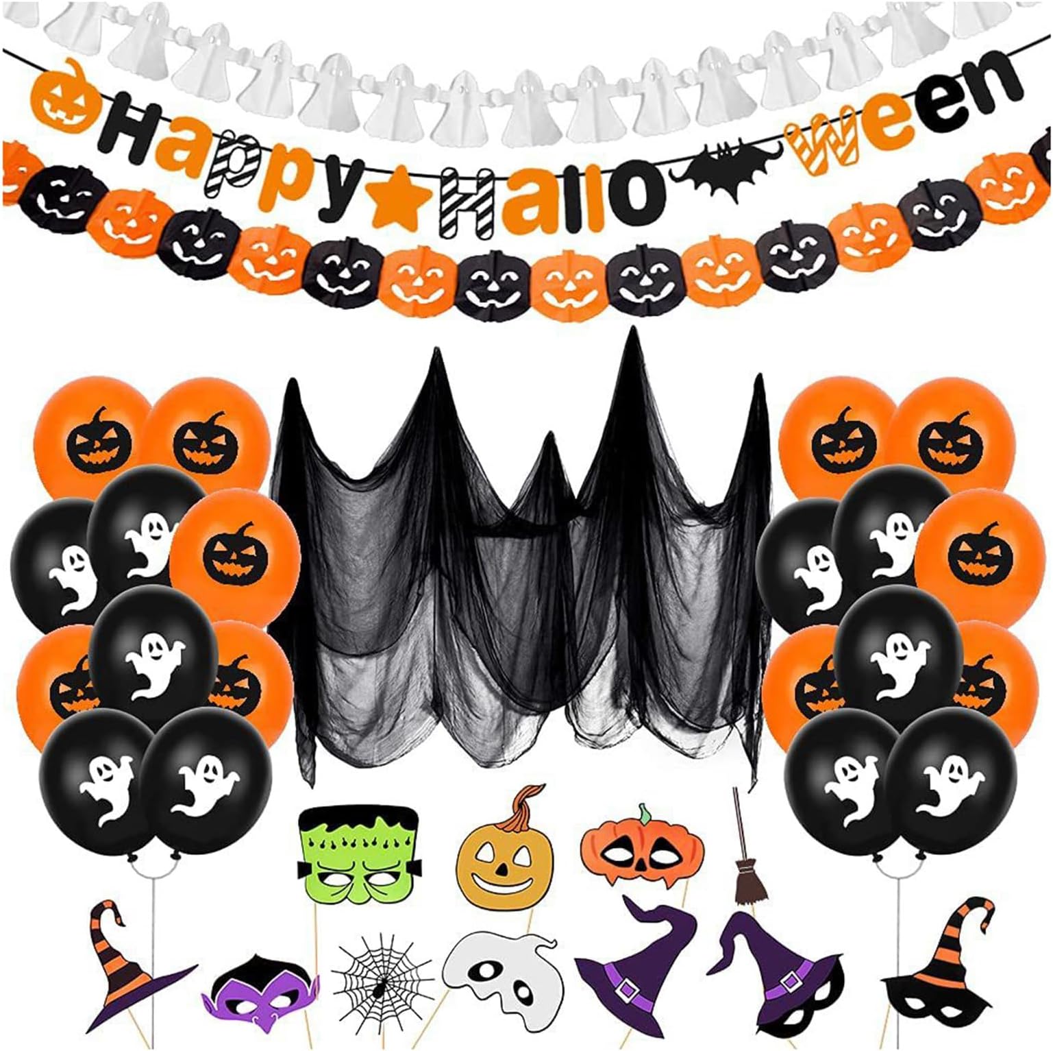 ANTOLE Halloween Party Decoration Set,Halloween Party Balloons Kit Happy Halloween Balloons Banner Latex Balloons Swirls Paper decor for Halloween Bar Home Theme Party Decor Supplies