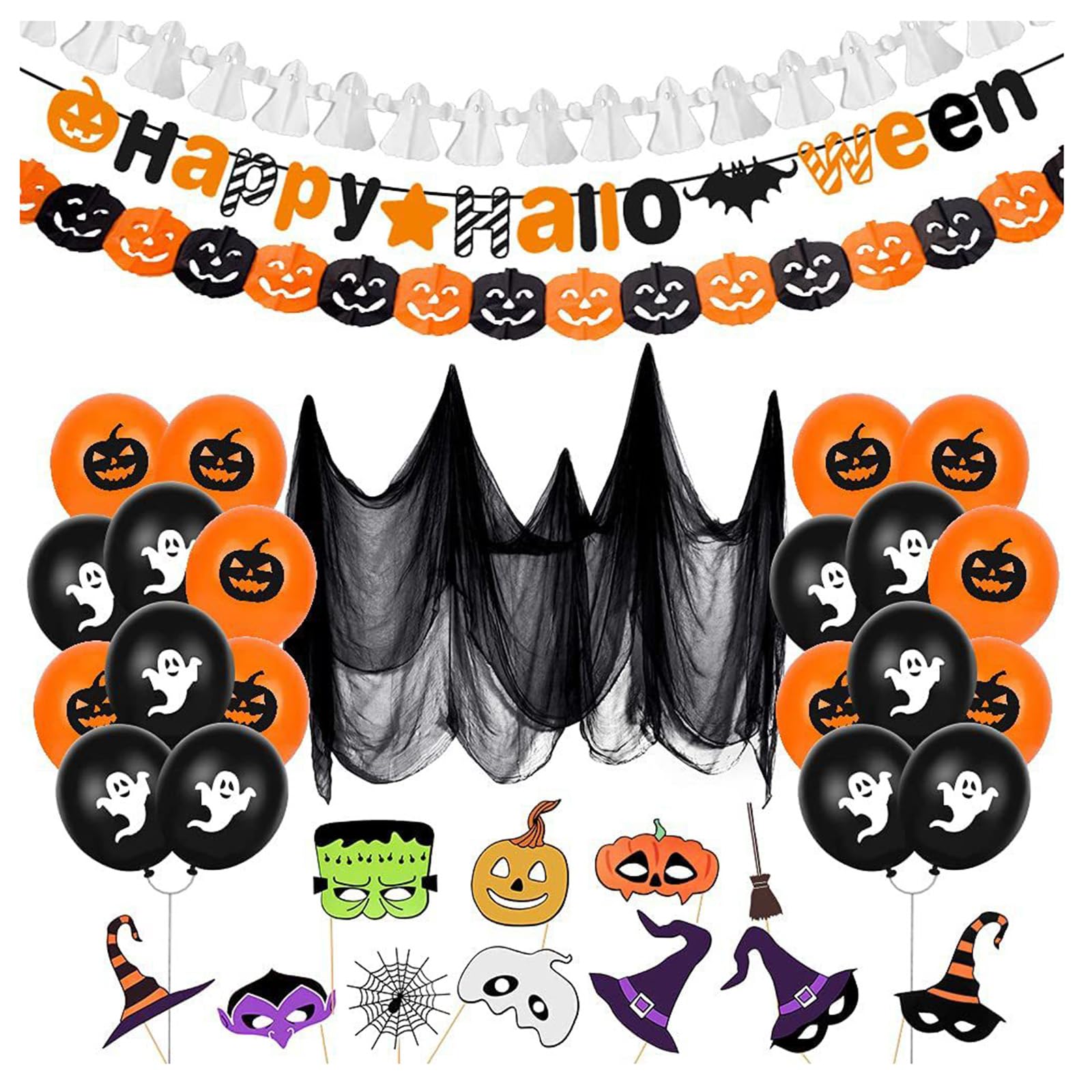 ANTOLE Halloween Party Decoration Set,Halloween Party Balloons Kit Happy Halloween Balloons Banner Latex Balloons Swirls Paper decor for Halloween Bar Home Theme Party Decor Supplies