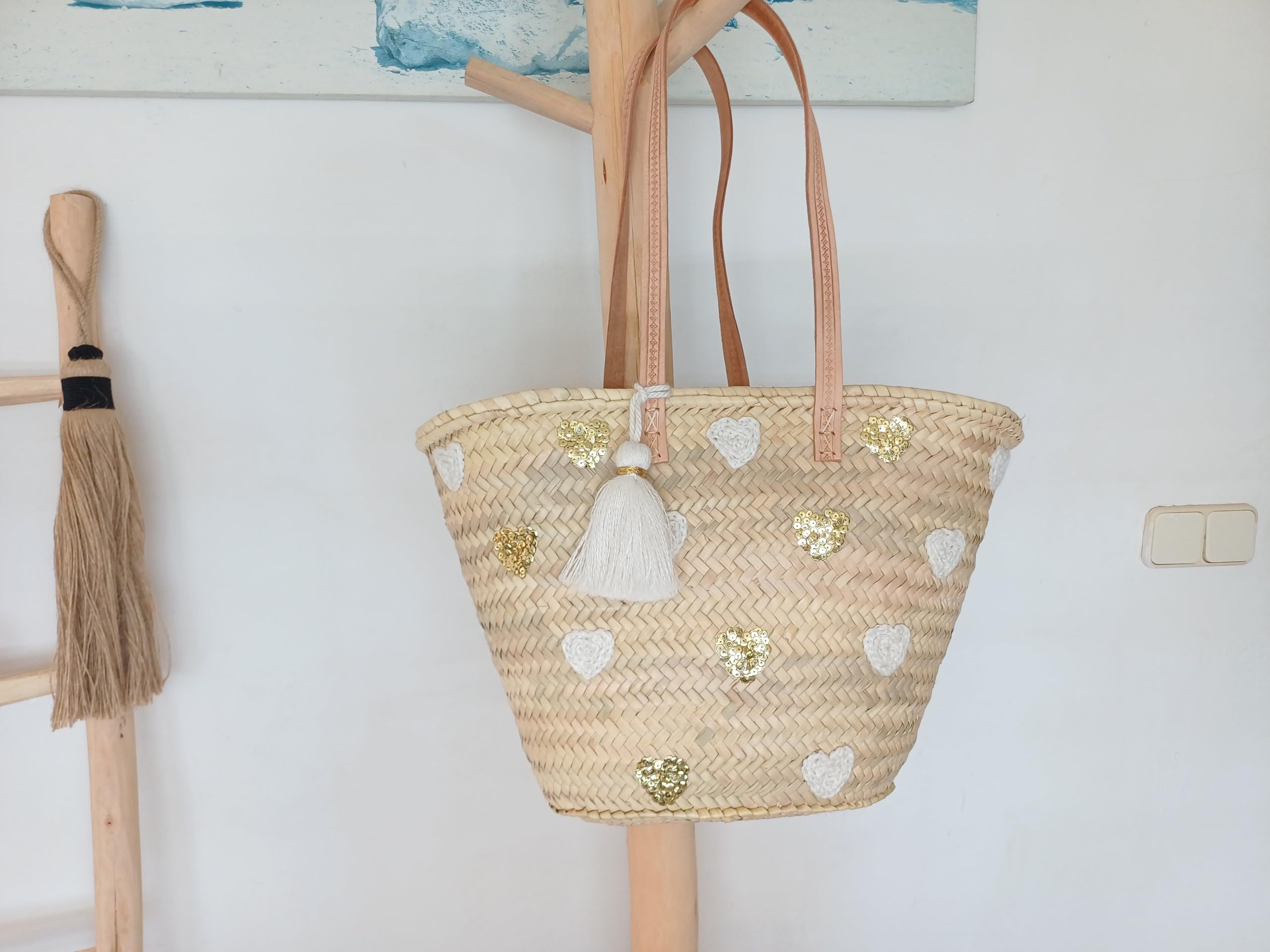 Capazo de playa paja, Bolso de mujer de palma con Corazones, doble Asas de Cuero, Pompón Decorativo, Aprox.: 45x28x18 cm, Natural