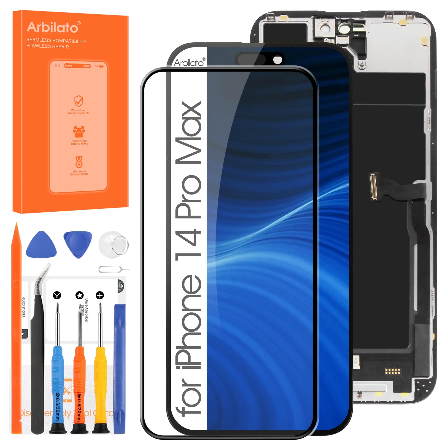 Pantalla de repuesto para iPhone 14 Pro Max, pantalla LCD, digitalizador de pantalla táctil A2894, A2893, A2895, piezas de reparación con herramientas (negro)