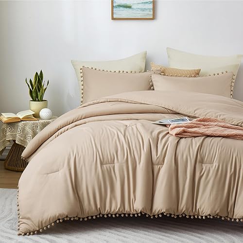 LANNOMO Juego de edredón bohemio beige tamaño matrimonial con pompones, 1 edredón ligero y 2 fundas de almohada