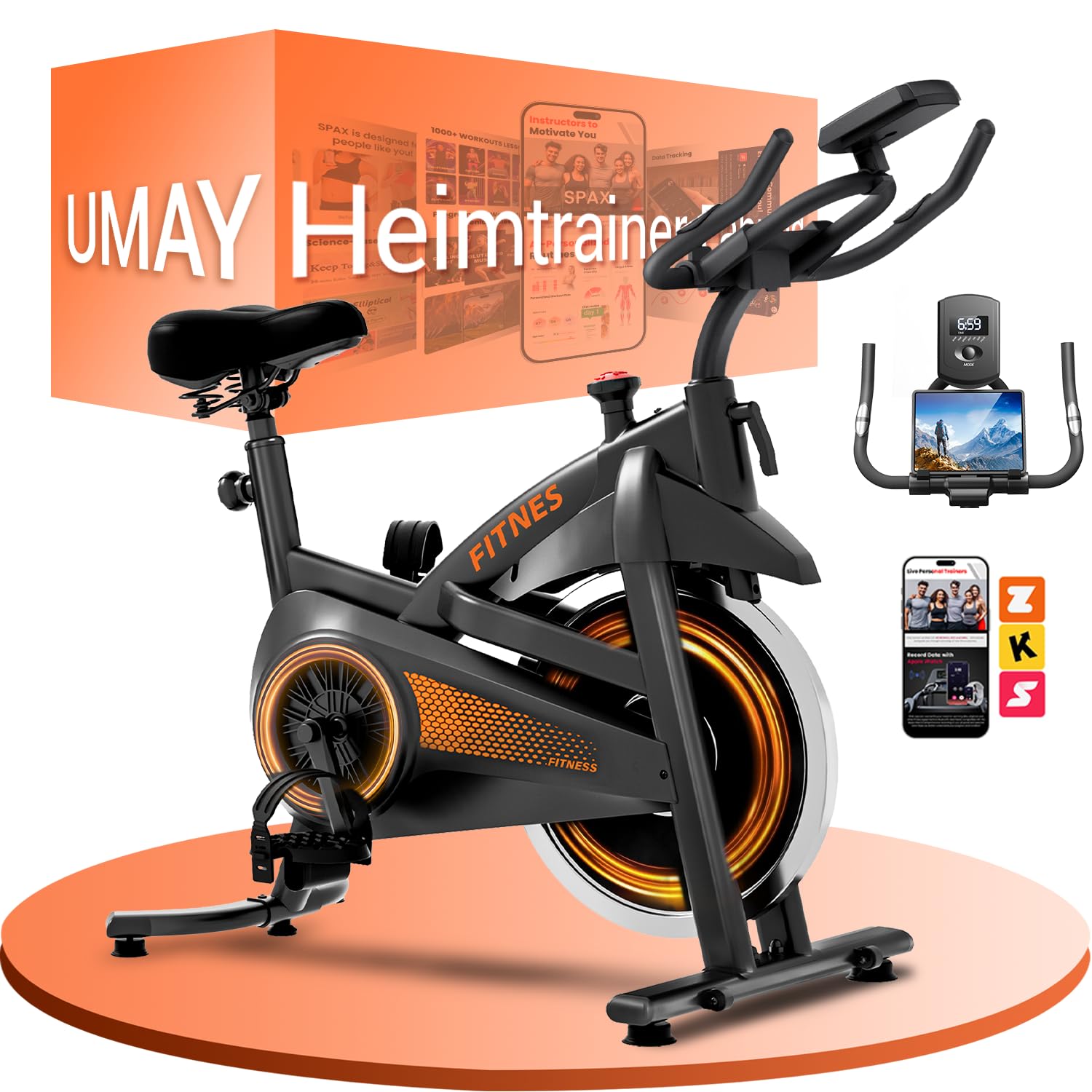 UMAY Heimtrainer Fahrrad, Indoor Spinning Bike con app | Indoor Bike, 16-Stufen Magnet-Widerstand, Cardio mit Pulsmessung & LED Display, Weicher Sitz, 136kg Belastbarkeit