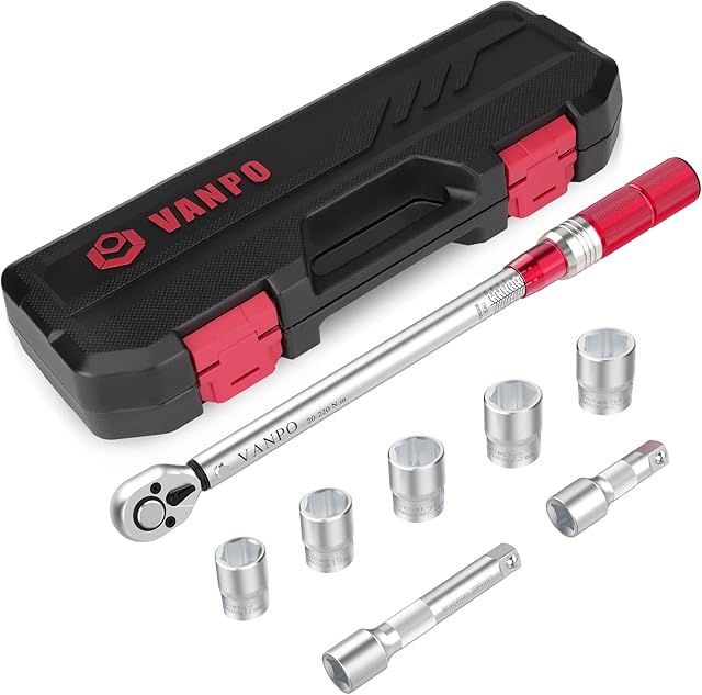 VANPO Torque Wrench 1/2 Inch Drive, 20-220Nm 8 Pieces Torque Wrench Set, ± 3% Accuracy with 2 Extension Bars 75mm and 125mm, 5 Sockets 17mm, 19mm, 21mm, 23mm, 24mm for Cars, Motorcycles, Trucks