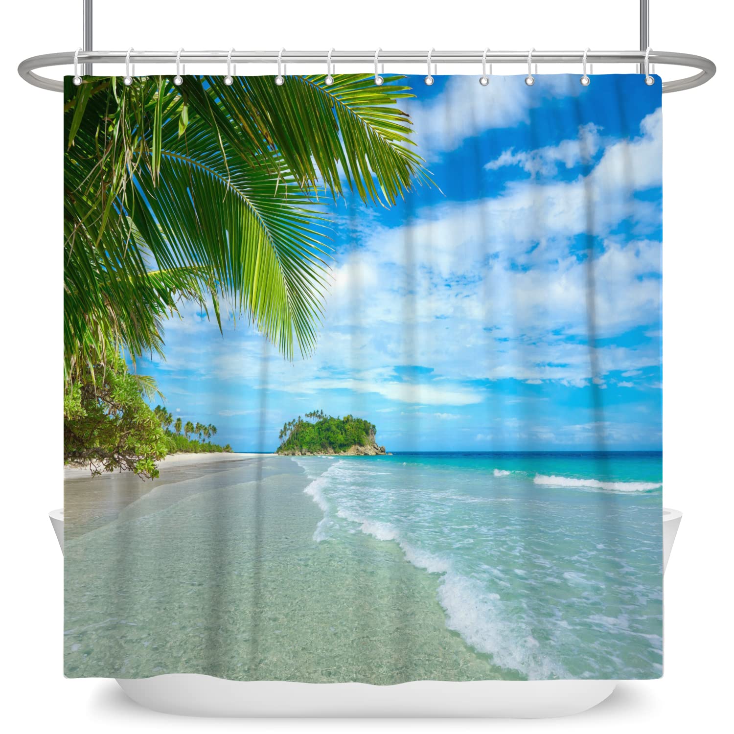 Tenda Doccia Oceano E Spiaggia 120x180 Cm - Paesaggio Tropicale Con Palme - Impermeabile Con Ganci
