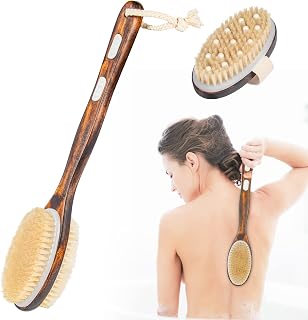 KJIXYUNG Bath Brush Back, Dry Brushing Body Brush Set, Natural Bristles Shower Brush with Double Sided, 40CM, Wooden Long Handle Shower Back Scrubber for Exfoliating Remove Dead Skin, Cellulite