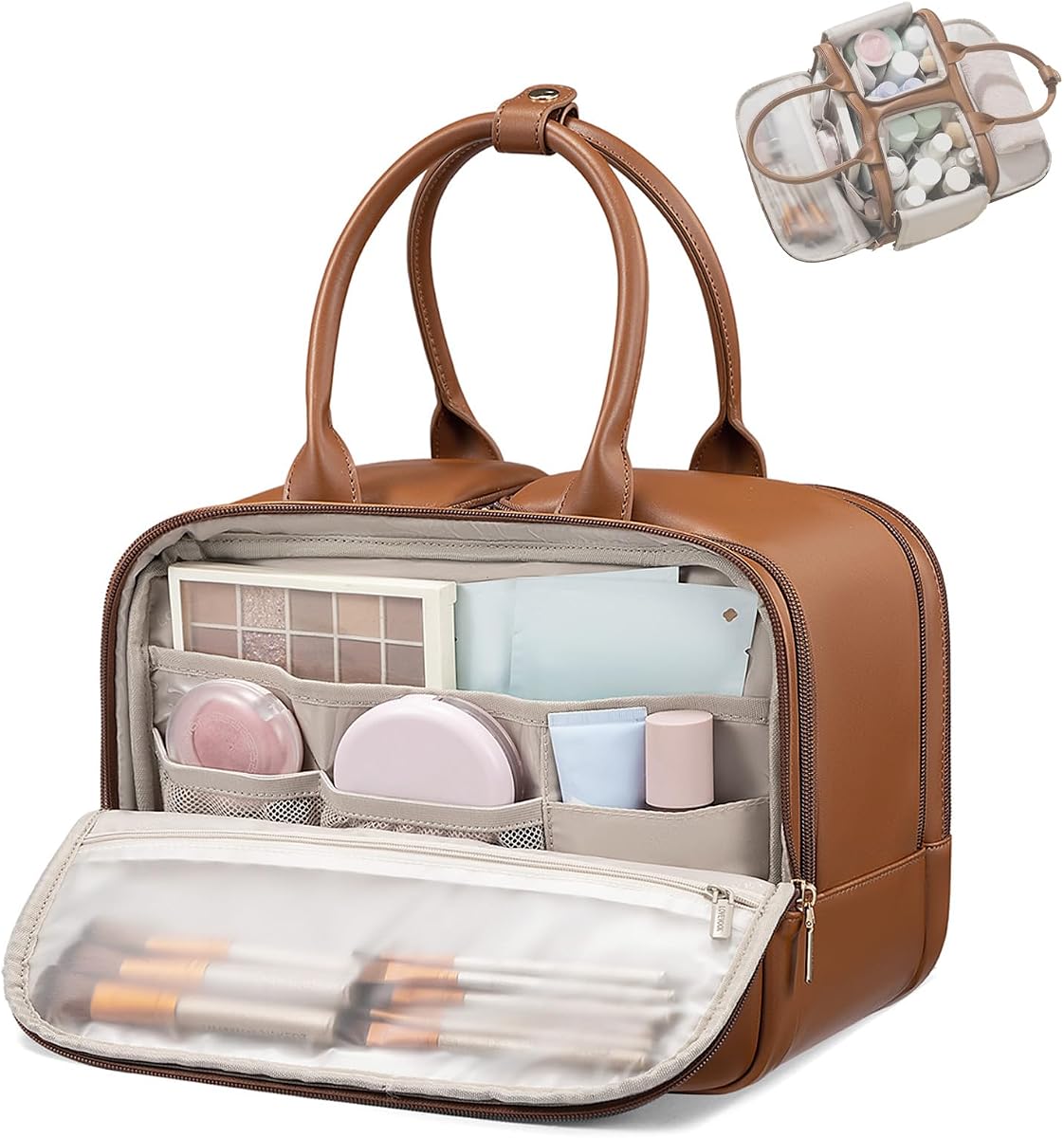 Large Makeup Bag for women, Leather Travel Toiletry Bag | Wide-Open Access, Waterproof Cosmetic Bag Organizer for Shower, Traveling, Toiletries, Bathroom, Dry/Wet Separation