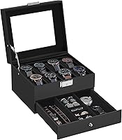 Vista 69 de SONGMICS Caja de reloj, organizador de 20 ranuras para reloj con tapa de vidrio grande, almohadas extraíbles, cerradura de metal, regalo para seres