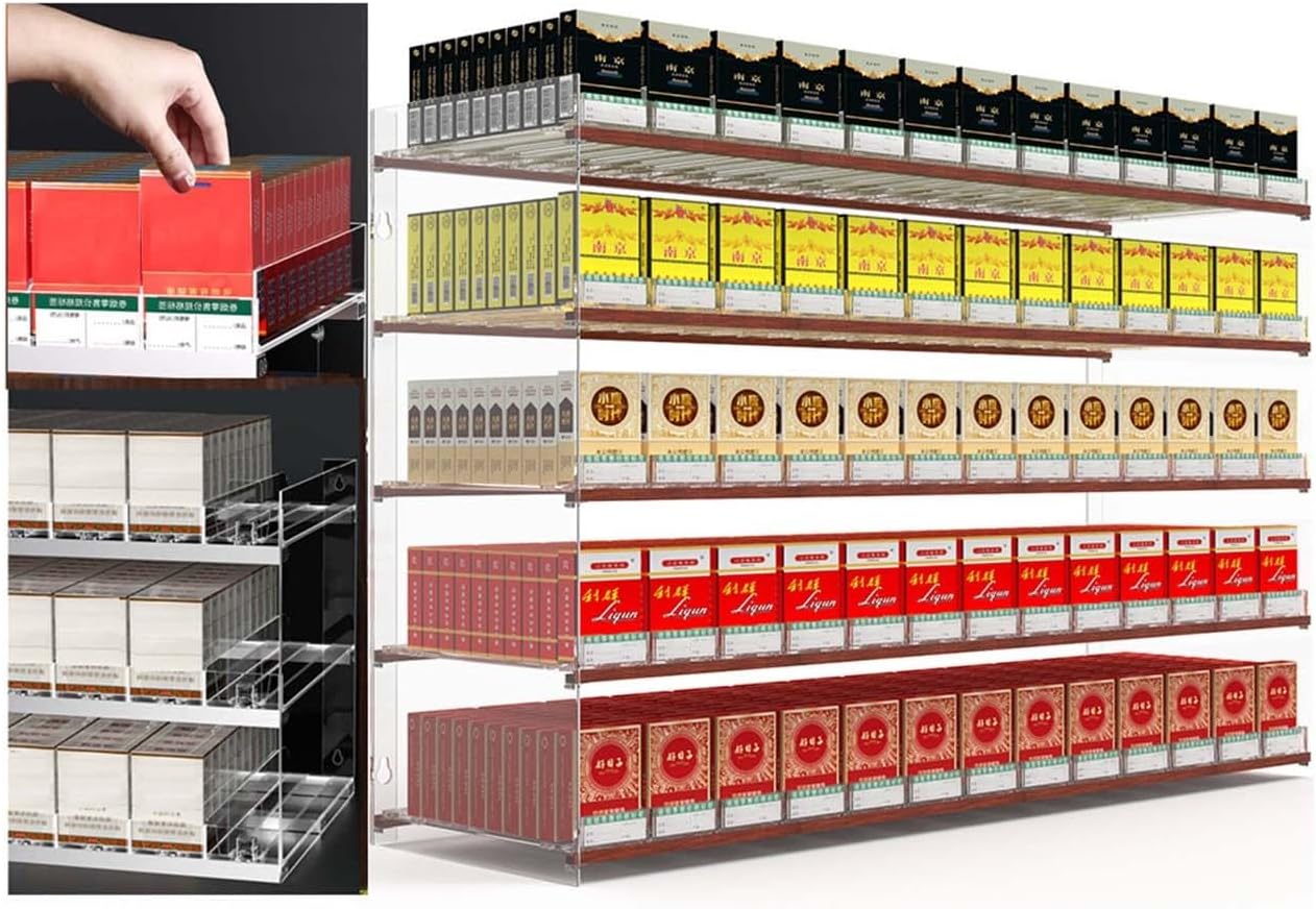 Store Display Rack Wall Mounted Storage Rack Supermarket Convenience Store Automatic Cigarette Rack Space Saving，Automatic Cigarette Display Holder - Pushers Tray for Retail Store, Clear Cig