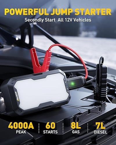 Miniatura 2 de AUXITO Arrancador portátil  Batería de coche de 4000 A (8L de gasolina7L diesel) 2000LM luz de campamento, caja de salto de 12 V con 4 modos de luz