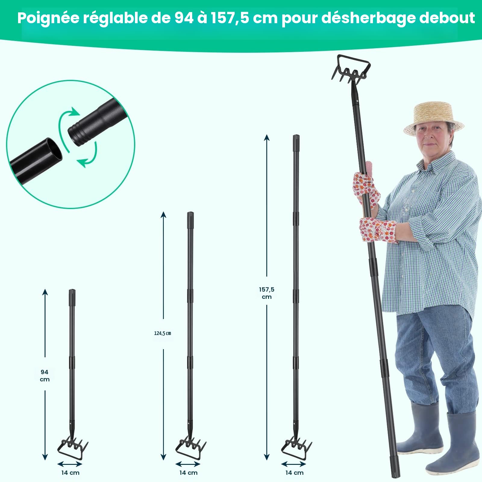 Houe de Jardin avec Râteau, Serfouette Binette Trident de Jardin pour Labourer et Désherber Le Sol, Cultivateur de Jardinage Manuel, Largeur 157cm Réglable