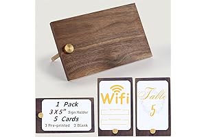 Walnut Wood Table Number Holder with Brass Accent and 5 Cards for Tabletop Display