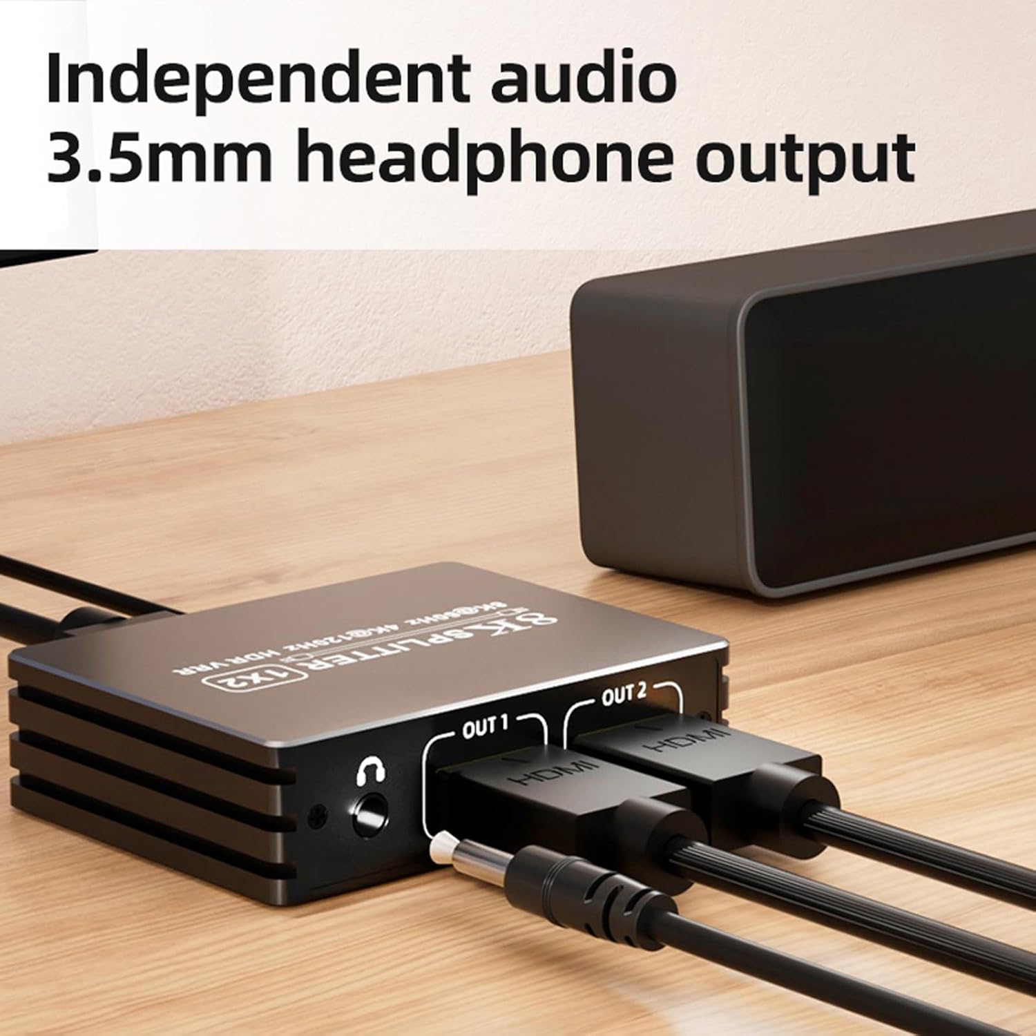 8K HDMI 2.1 Splitter 1 in 2 Out, 1x2 HDMI Splitter Support 8K@60hz, 4K@120hz, EDID, 48Gbps, 3D, HDR 10+, HDCP2.3, Dolby Vision, 3.5mm Audio Output, Mirror Dual Monitors for PS5 SkyQ Xbox NVIDIA AMD NS