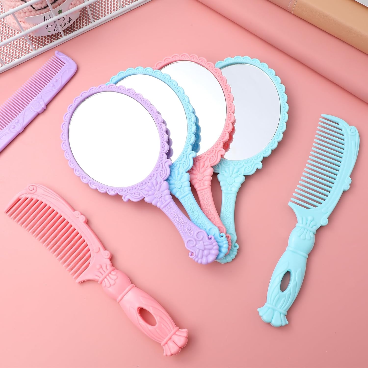 BETOOKY Handheld Vintage Makeup Mirror and Comb Set 5 Pieces Portable Oval Cosmetic Mirror with Patterned Handle for Travel and Personal Beauty Use Color Style