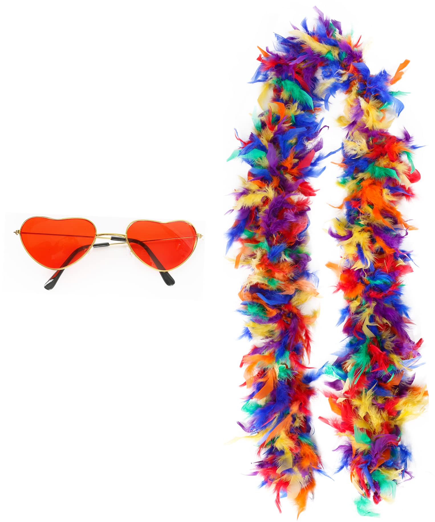 Farewell Tour Accessory Set - Red Heart Glasses and Rainbow Feather Boa - Adults 2pc Concert Pop Rock Icon Fancy Dress Accessory Set