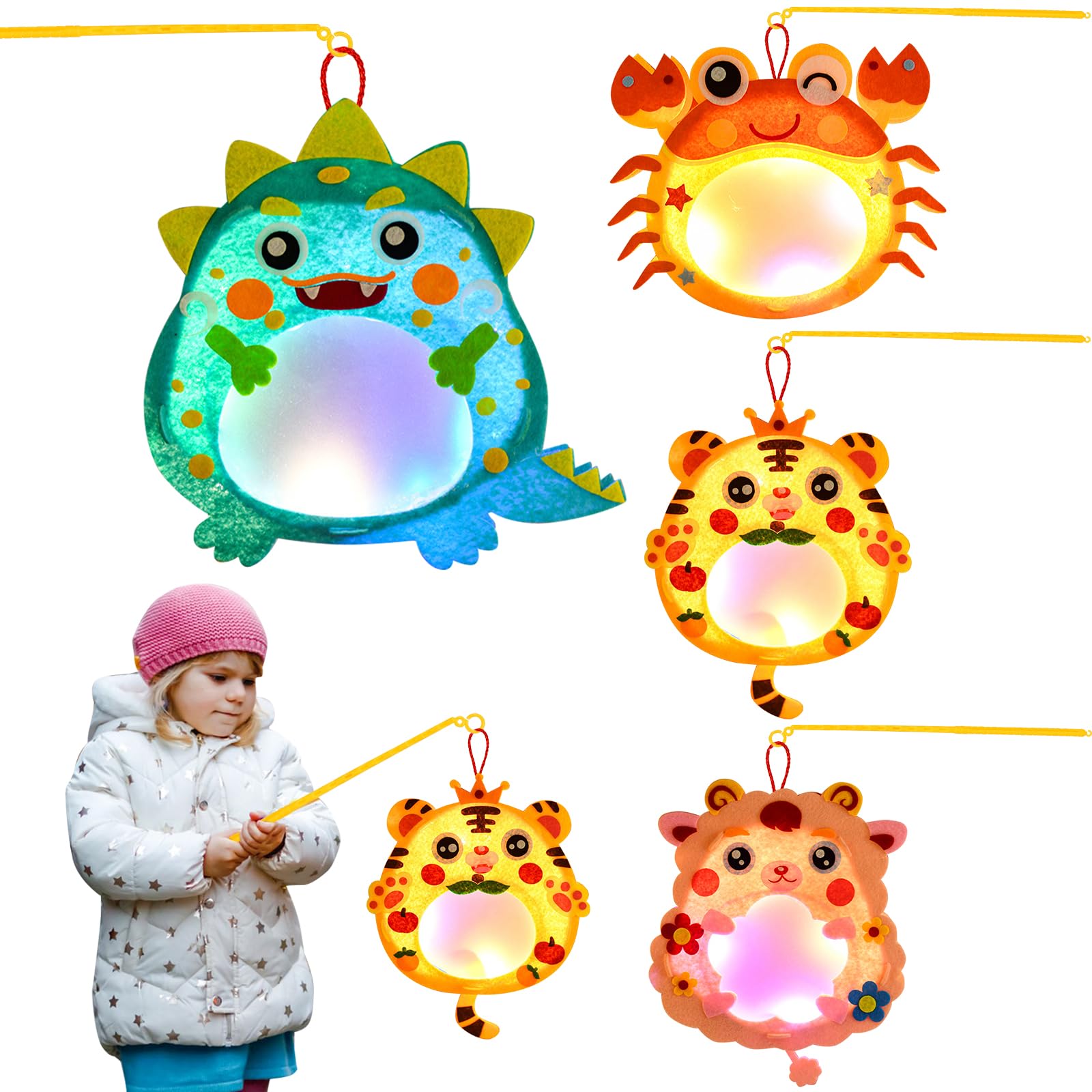 Ulikey 4 Piezas Kit Manualidades Linterna para Niños, San Martín Linterna Infantil con Palos de Linterna, Luz LED, Forma Animales Juego de Farolillos (Cangrejo, Dinosaurio, Tigre, Cordero)