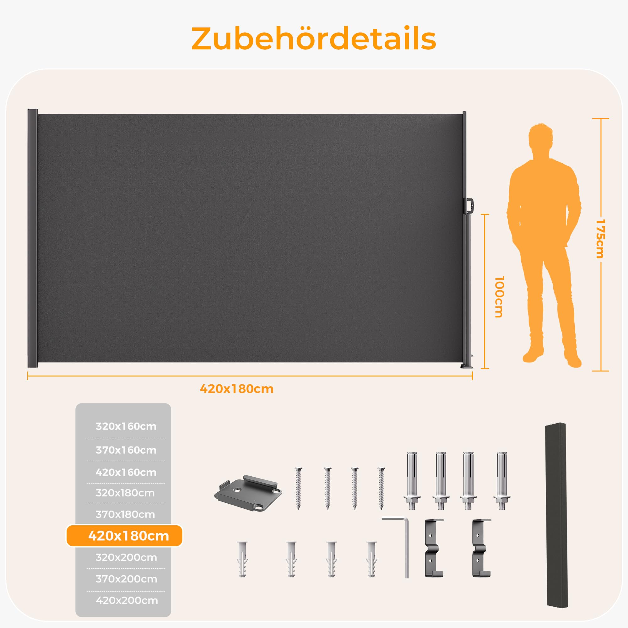 HOMEDEMO Alu-Seitenmarkise ausziehbar, 180x400+20 cm Anthrazit, Sichtschutz Sonnenschutz Markise, Windschutz Wasserdicht Seitenzugmarkise, Seitenrollo für Balkon, Terrasse, Garten