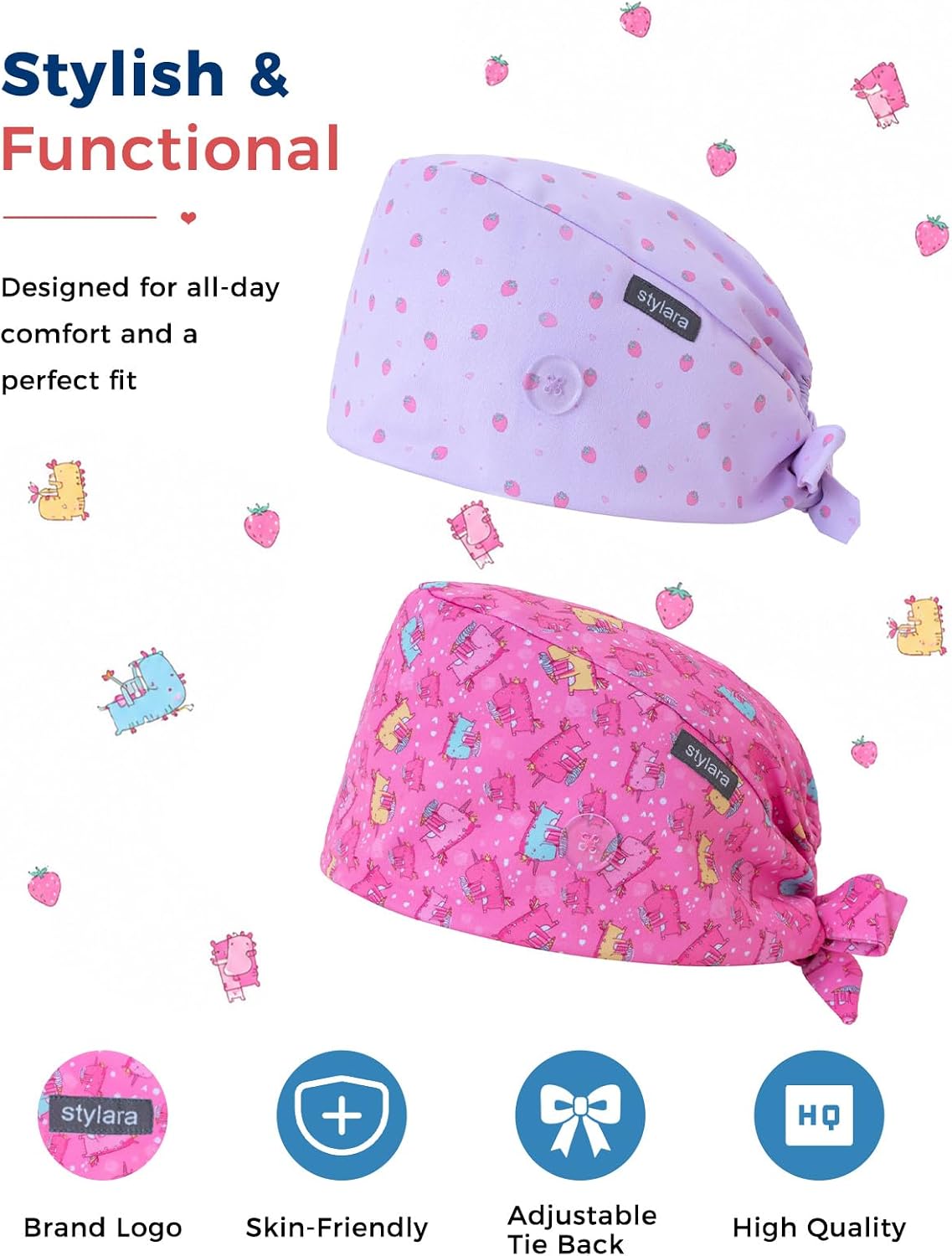 Elastic Surgical Scrub Cap Women, 2 Pack with Buttons & Cotton Sweatband
