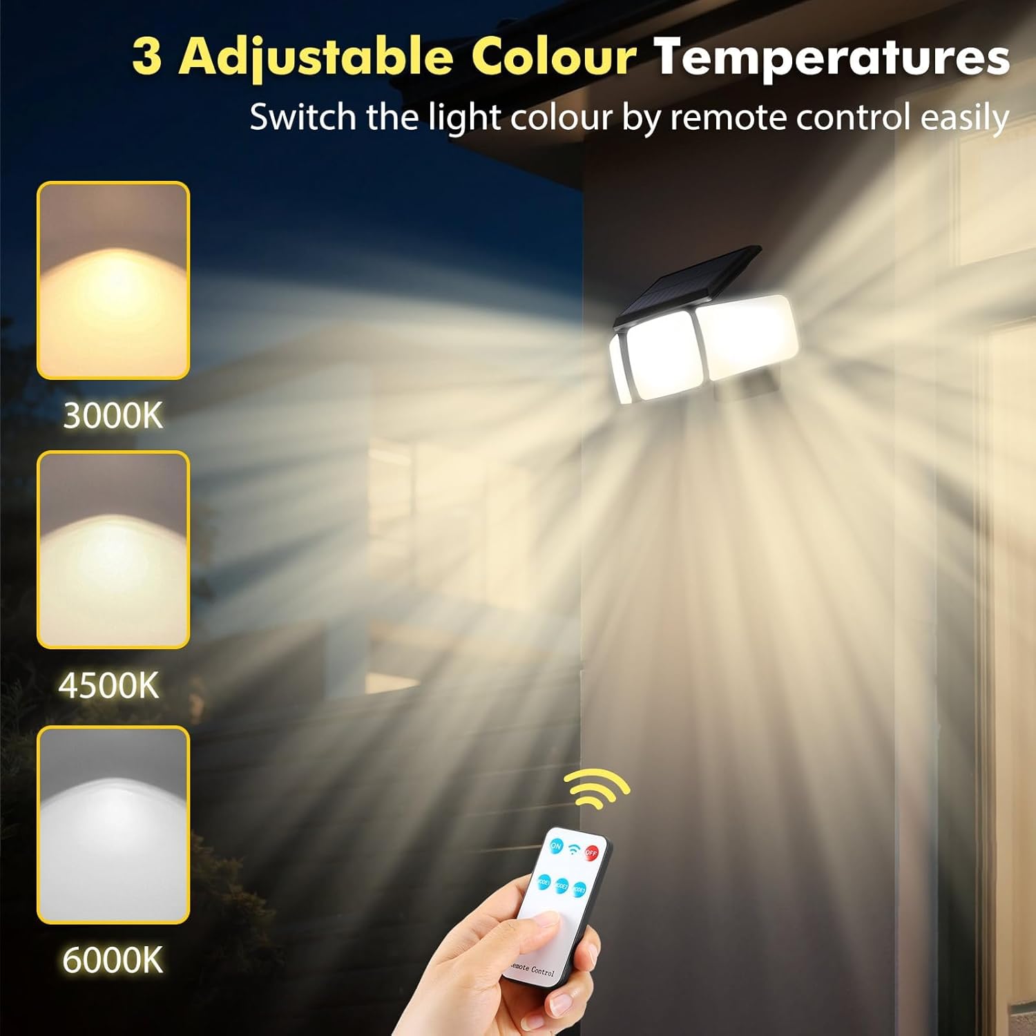 Solar Outdoor Lights, 3 Color Temperature Solar Motion Sensor Outdoor Lights with 3000LM 288LED, 3 Heads Solar Wall Lights with IP65 Waterproof, 270° Wide Angle, Garage, Pool, Garden