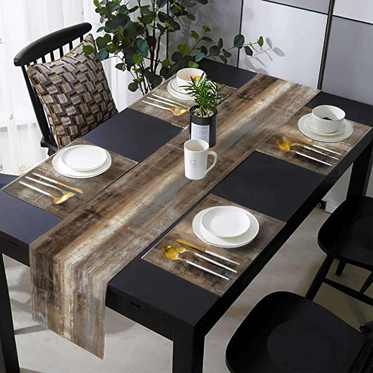 Brown and Grey Table Runner and Place Mats Set of 6 Dark Rustic Abstract Farmhouse Art Painting Graffiti Linen Dining Mat Sets Washable Vintage Tabletop for Home Decorations 90 Inches Long