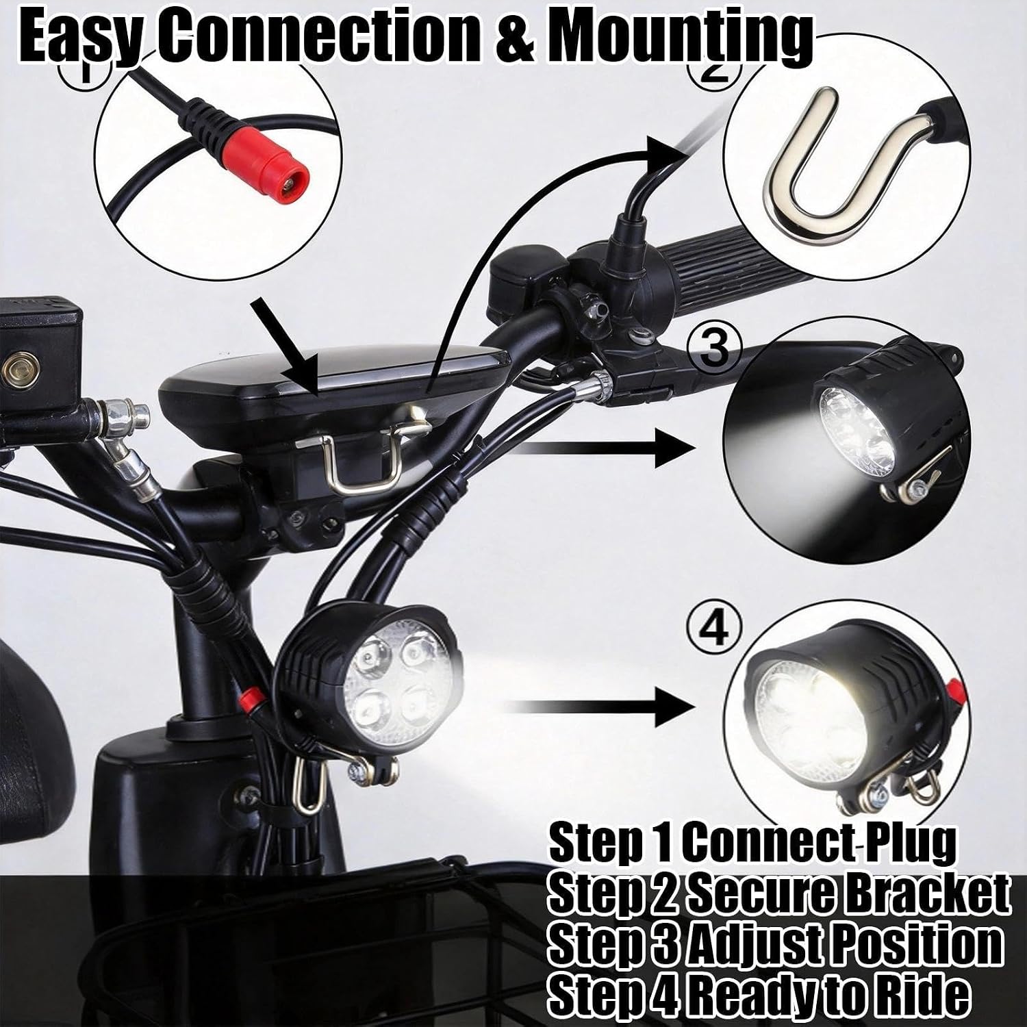 Ebike Headlight 48V 36V, 2 Pin Waterproof Connector Electric Bike Front Light, 12V-60V Ebike Headlight for Electric Bicycle Scooter MTB