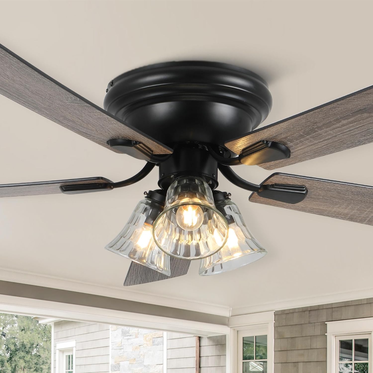 52 Inch Vintage Ceiling Fan with Lights Flush Mount Antique Ceiling Fan Rustic Chandelier Farmhouse Fandelier for Bedroom Living Room, 3 E26 Bulbs Reversible 6 Speeds