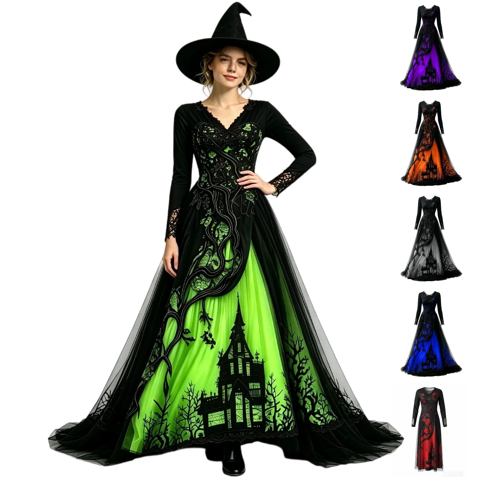 Halloween Witch Costume Women Gothic Maxi Dress Treehouse Thorns Print