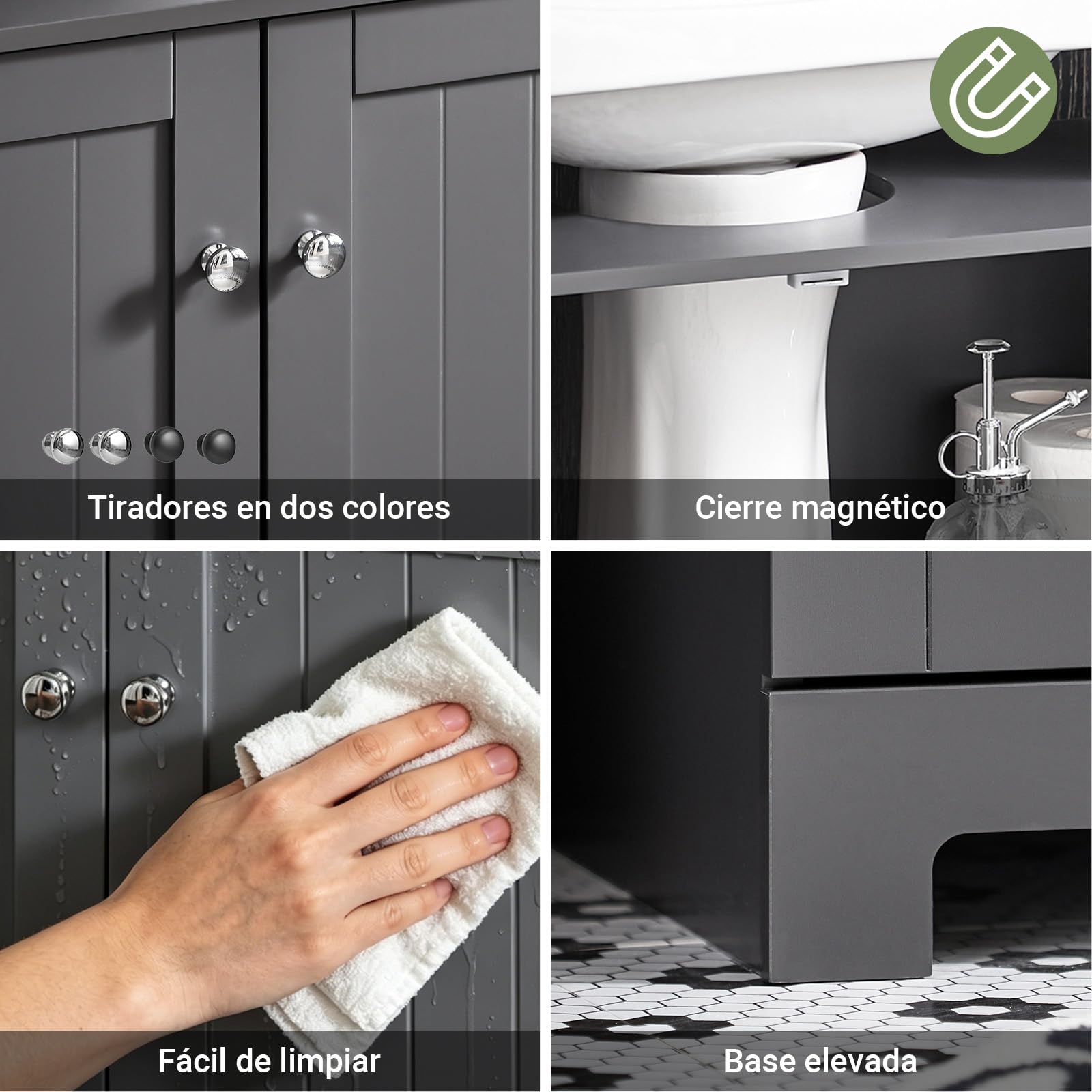 SoBuy Mueble bajo Lavabo con Corte para Sifón 60x29x60 cm Gris Oscuro | Armario Baño con Puertas y Balda Ajustable– Mueble Baño Lavabo Auxiliar en MDF, BZR18-II-DG