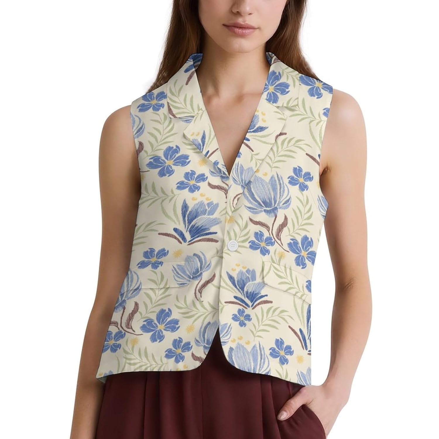 Ethnic Oriental Pastel Blue Flowers Womens V-Neck Suit Vest Top Dressy Casual Sleeveless Button Wasitcoat
