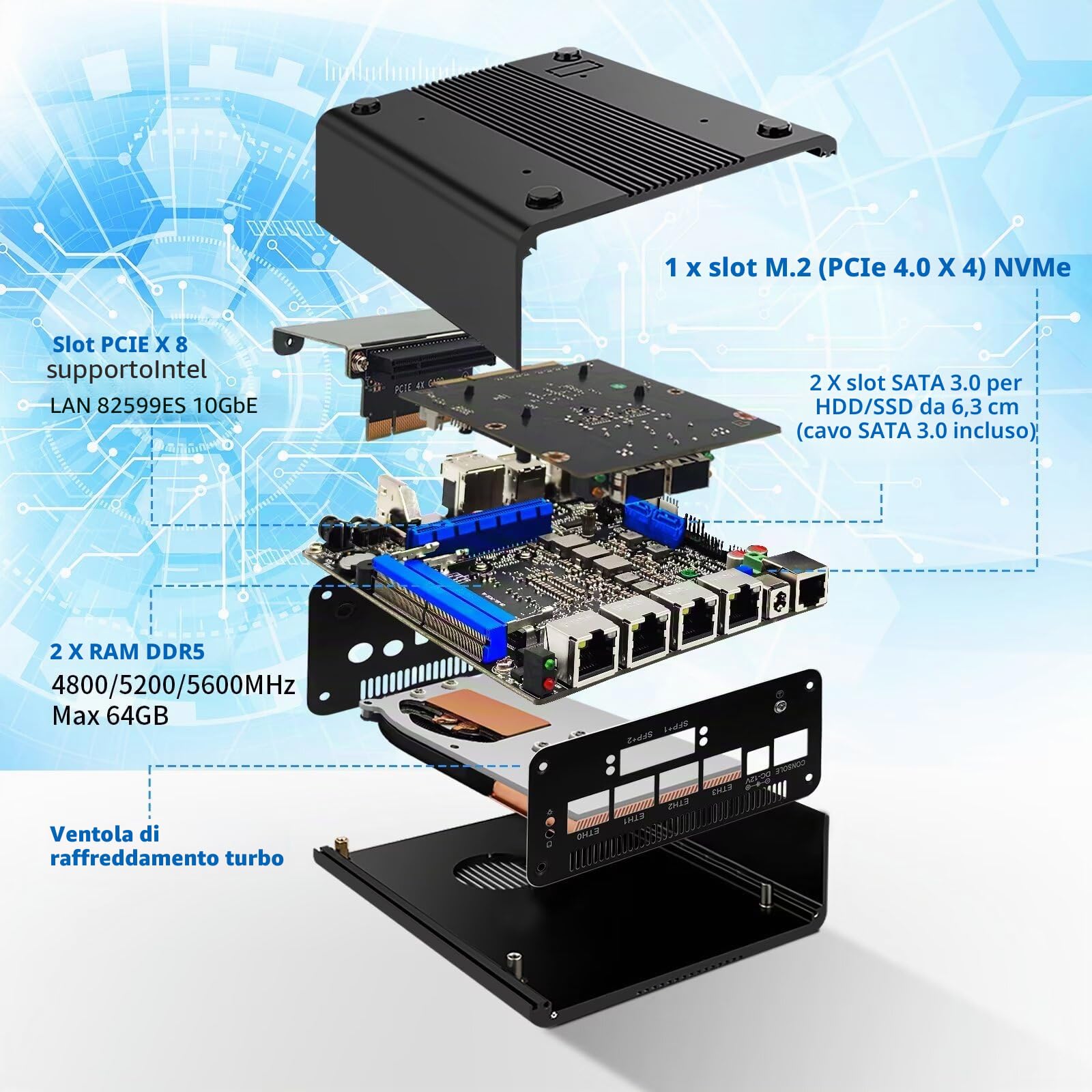 Micro Firewall Appliance 13th Gen U300E, Dual 10GbE 82599ES SFP+ Mini PC Router, 4 x 2.5GbE LAN Home Server, DDR5 8GB RAM 128GB SSD, USB-C 10Gbit, OPNsense Hardware