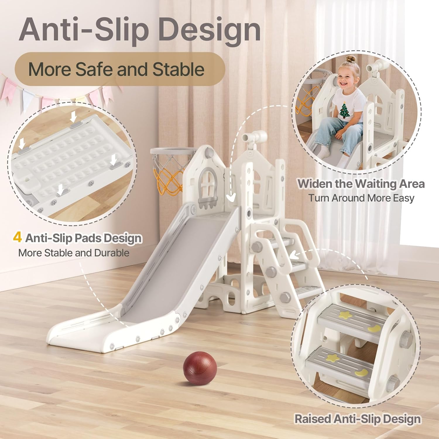 BIERUM 6 in 1 Toddler Slide - L-Shaped Baby Slide for Toddlers Aged 1-3 with Basketball Hoop, Telescope Toy and Anti-Slip Pads, Indoor Outdoor Toddler Playset, White Gray