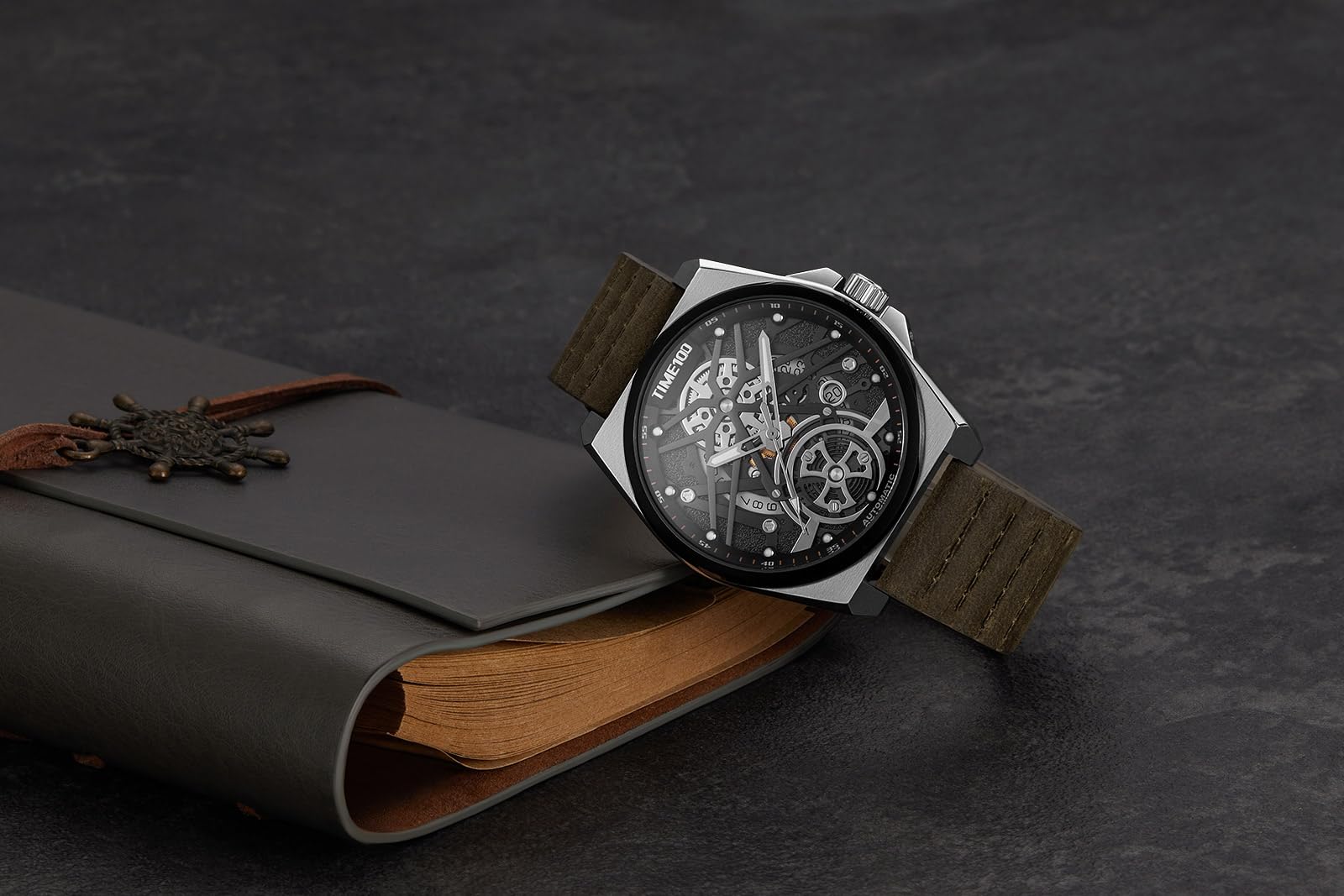 TIME100 Orologio Uomo Automatico Scheletrato Rettangolare/Rotondo Pelle Vera 30M