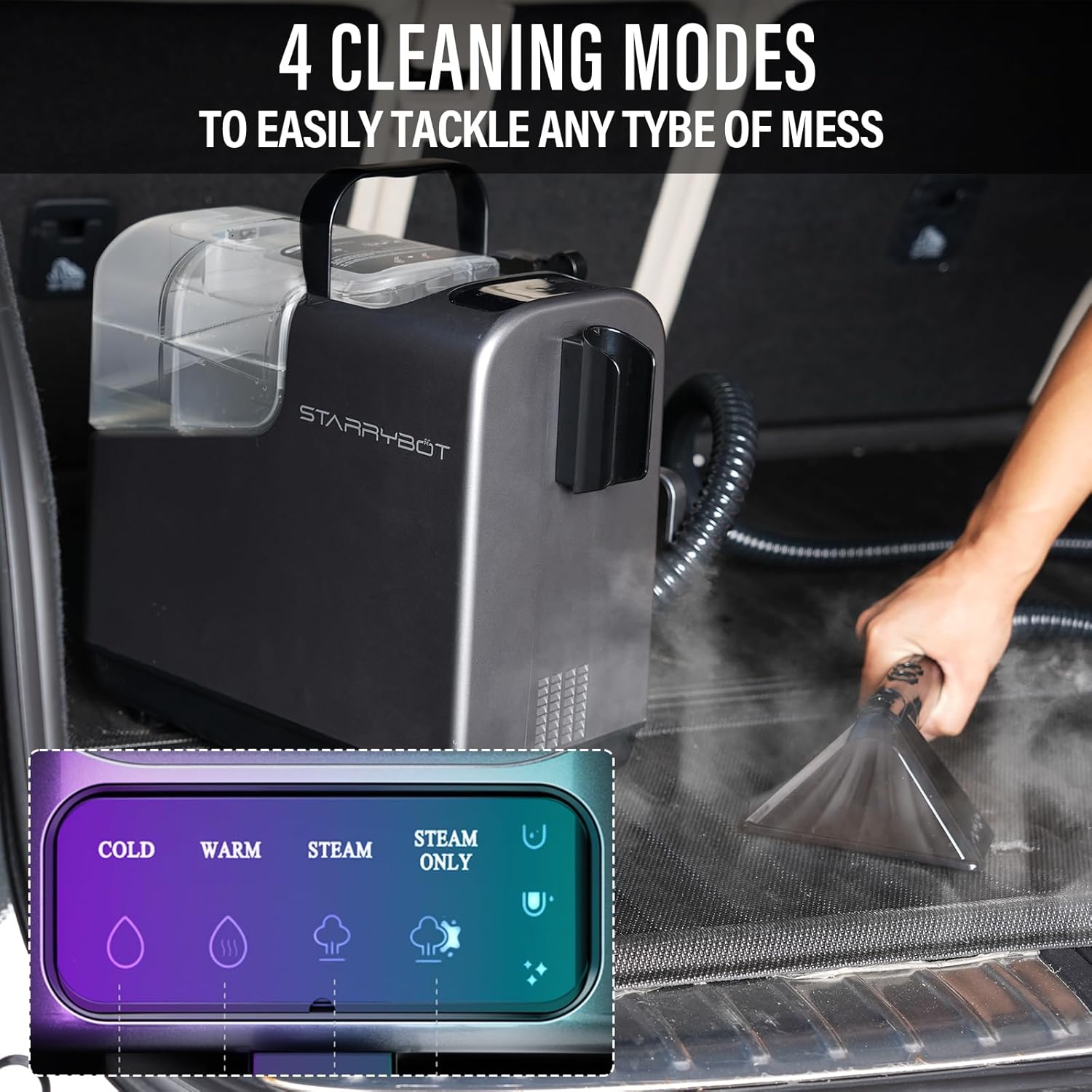 Control panel with 4 cleaning modes: Cold, Warm, Steam, Steam Only