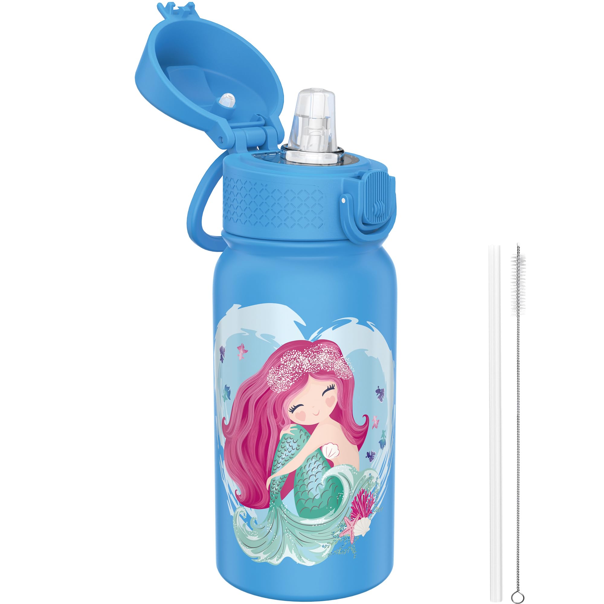 GOPPUS 350ml/12oz Kids Stainless Steel Water Bottle with Straw Toddler Drinks Bottle with Handle Small Insulated Bottles for Girls School Cold Metal Flask with Flip Top Lid BPA Free (Blue Mermaid)