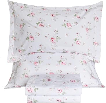 QSH Floral Queen Size Sheet Sets - Shabby Vintage Chic Rose Flower 100% Cotton Printed Bedding Sheets Queen Size Bed Extra Soft and Breathable 4pcs Queen Deep Pocket Sheet Set