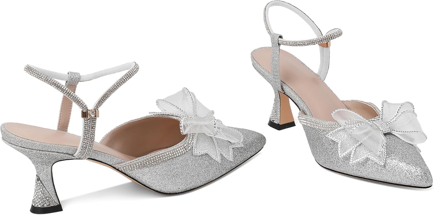 Joseywade Bow Heels Sparkly Rhinestone Low Kitten Heel Pumps Slingback Closed Pointed Toe Women Ankle Strap Shoes for Wedding Party Dress Bridal