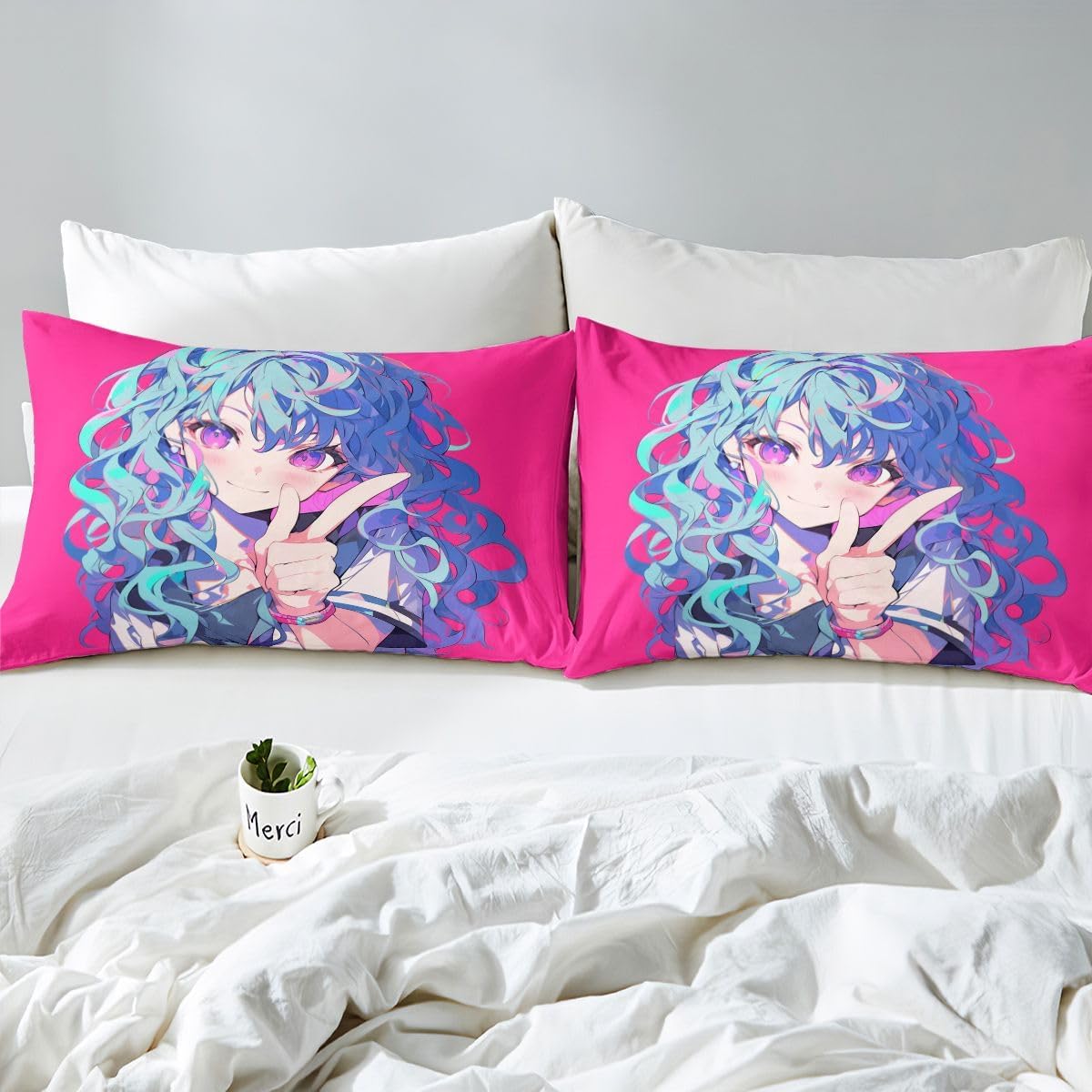 Erosebridal Anime Girl Bedding Set for Room Aesthetic Kawaii Anime Japanese Fitted Sheet for Guys Bedroom, Lovely Anime Girl Bed Sheets for Kids Girls 3D Anime Gifts Hot Pink Room Decor, Twin