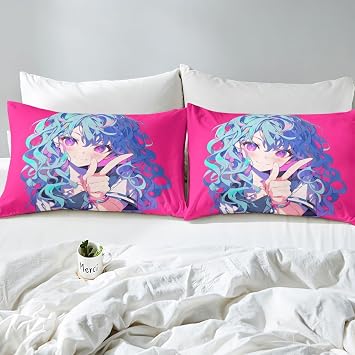 Erosebridal Anime Girl Bedding Set for Room Aesthetic Kawaii Anime Japanese Fitted Sheet for Guys Bedroom, Lovely Anime Girl Bed Sheets for Kids Girls 3D Anime Gifts Hot Pink Room Decor, Twin